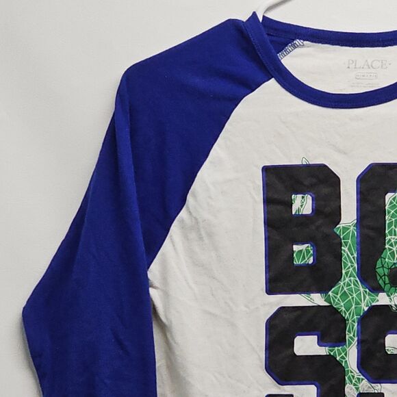 Boys M 7/8 Dino Raglan Shirt The Children’s Place Blue White BOSS Graphic T-REX - Picture 5 of 14